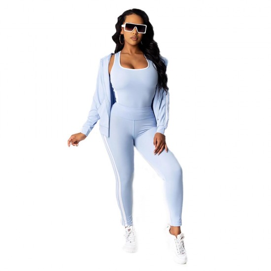Style Zipper Closure Three Piece Hoodie Sportswear Set - Light Blue |image