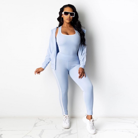 Style Zipper Closure Three Piece Hoodie Sportswear Set - Light Blue |image