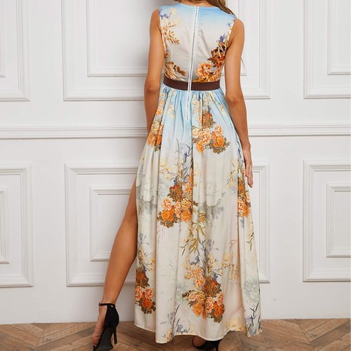 Elegant High Flair Sleeveless Floral Printed Maxi Dress |image
