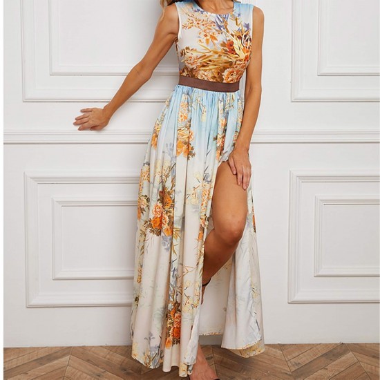Elegant High Flair Sleeveless Floral Printed Maxi Dress |image