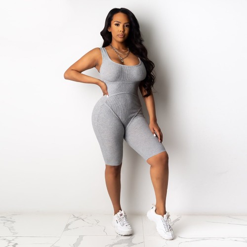 Sporty Style Knitted Sleeveless Midi Jumpsuit for Women - Grey | Image