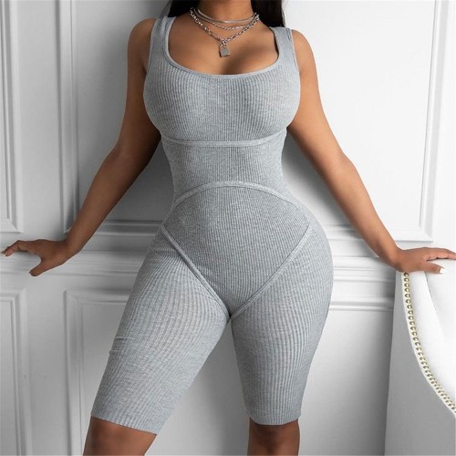 Sporty Style Knitted Sleeveless Midi Jumpsuit for Women - Grey | Image