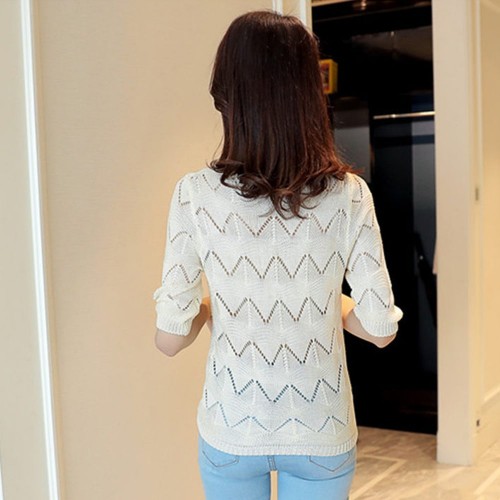 Short Sleeves V Neck Knitted Winter Top - White |image