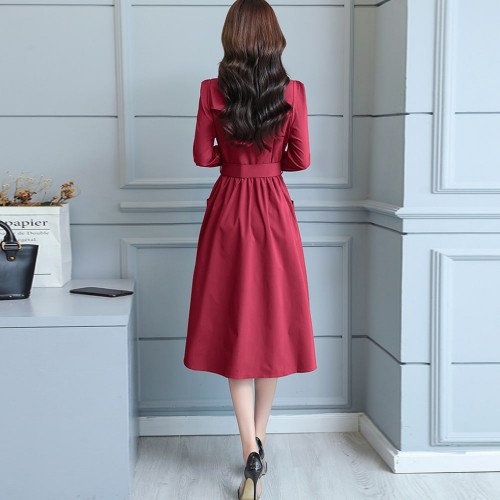 Long Sleeve Lapel Waist Belted Elegant Midi Dress - Red |image
