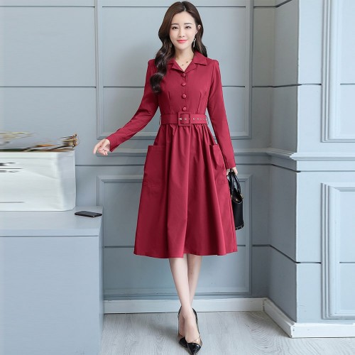 Long Sleeve Lapel Waist Belted Elegant Midi Dress - Red |image