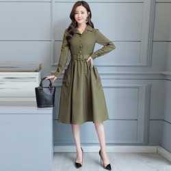 Long Sleeve Lapel Waist Belted Elegant Midi Dress - Green 