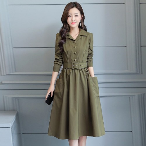 Long Sleeve Lapel Waist Belted Elegant Midi Dress - Green |image