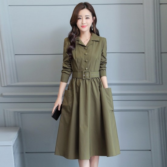 Long Sleeve Lapel Waist Belted Elegant Midi Dress - Green Long Sleeve Lapel Waist Belted Elegant Midi Dress - Green |image