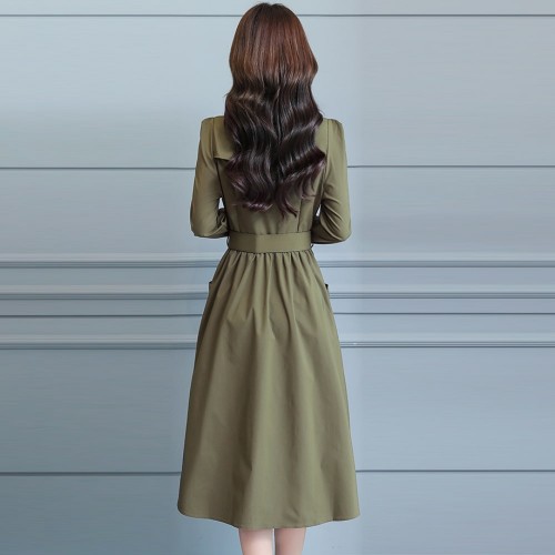 Long Sleeve Lapel Waist Belted Elegant Midi Dress - Green |image