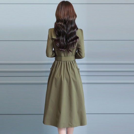 Long Sleeve Lapel Waist Belted Elegant Midi Dress - Green Long Sleeve Lapel Waist Belted Elegant Midi Dress - Green |image