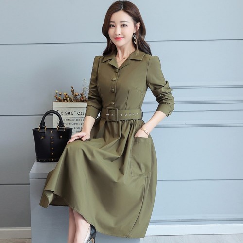 Long Sleeve Lapel Waist Belted Elegant Midi Dress - Green |image