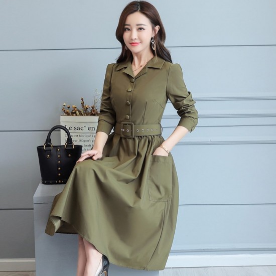 Long Sleeve Lapel Waist Belted Elegant Midi Dress - Green Long Sleeve Lapel Waist Belted Elegant Midi Dress - Green |image