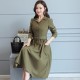 Long Sleeve Lapel Waist Belted Elegant Midi Dress - Green |image
