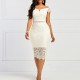 Trendy V Neck Off The Shoulder Mid Length Lace Dress - Cream  