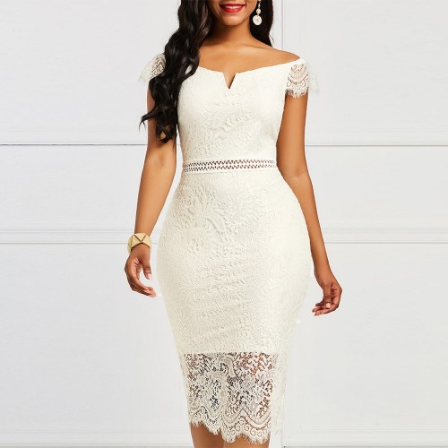Trendy V Neck Off The Shoulder Mid Length Lace Dress - Cream |image