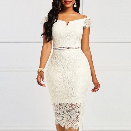 Showing Image for Trendy V Neck Off The Shoulder Mid Length Lace Dress - Cream Trendy V Neck Off The Shoulder Mid Length Lace Dress - Cream |image