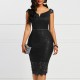Trendy V Neck Off The Shoulder Mid Length Lace Dress - Black |image