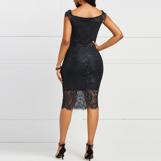 Trendy V Neck Off The Shoulder Mid Length Lace Dress - Black |image