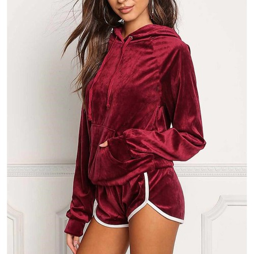 Hooded Full Sleeved Two Piece Winter Shorts Set - Red |image