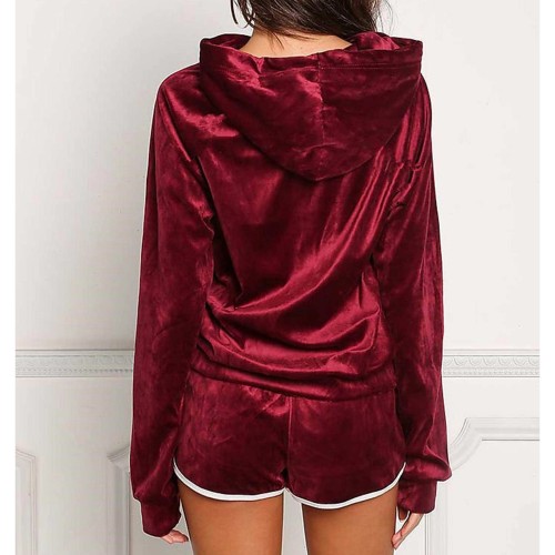 Hooded Full Sleeved Two Piece Winter Shorts Set - Red |image