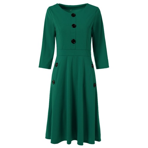Button Solid Color Long Sleeved A-Line Women's Dress - Green |image