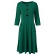 Button Solid Color Long Sleeved A-Line Women's Dress - Green |image