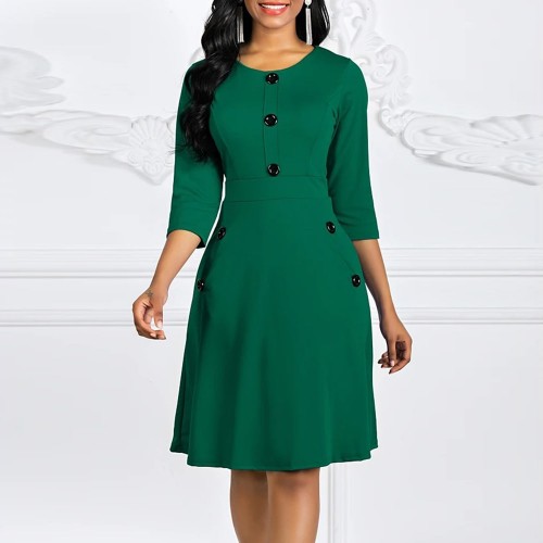 Button Solid Color Long Sleeved A-Line Women's Dress - Green |image