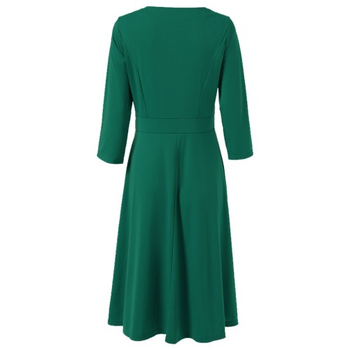 Button Solid Color Long Sleeved A-Line Women's Dress - Green |image