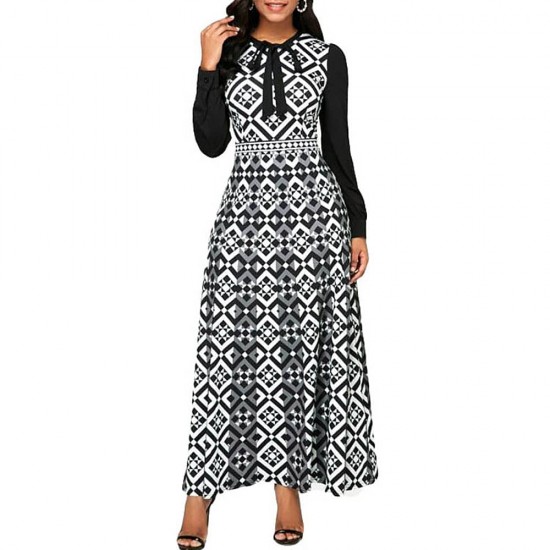 Showing Image for Ribboned Neck High Waist Printed Maxi Dress for Women - Black Ribboned Neck High Waist Printed Maxi Dress for Women - Black |image