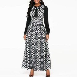 Ribboned Neck High Waist Printed Maxi Dress for Women - Black 