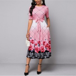 Floral Printed Contrast Round Neck Long Dress - Pink 