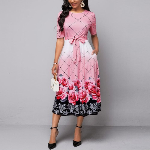 Floral Printed Contrast Round Neck Long Dress - Pink |image