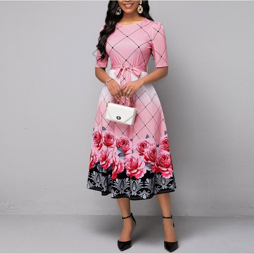 Floral Printed Contrast Round Neck Long Dress - Pink |image