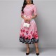 Floral Printed Contrast Round Neck Long Dress - Pink |image