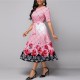 Floral Printed Contrast Round Neck Long Dress - Pink |image