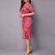 V-Neck Bodycon Mid-Calf Ruffled Print Dress - Pink |image