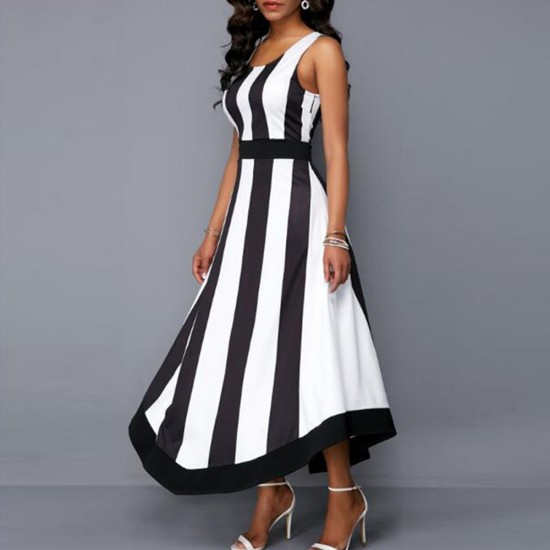 Elegant Round Neck Striped Sleeveless Party Dress -White |image