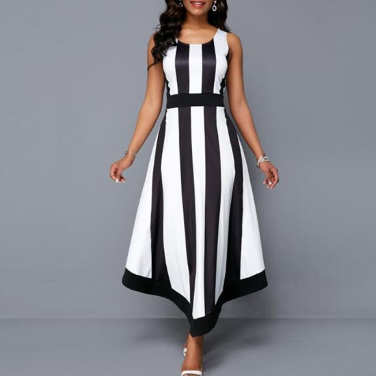 Elegant Round Neck Striped Sleeveless Party Dress -White |image