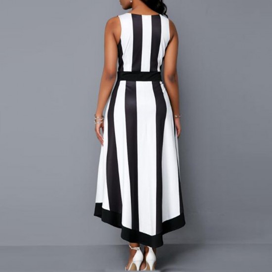 Elegant Round Neck Striped Sleeveless Party Dress -White |image