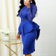 Beautiful Long Sleeve Layered Peplum Midi Dress - Blue |image
