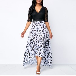 Asymmetric Polka Printed Short Sleeves V-Neck Maxi Dress - Black   