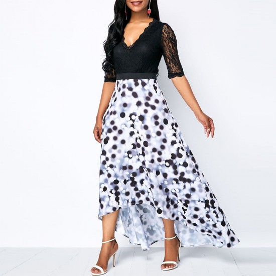 Asymmetric Polka Printed Short Sleeves V-Neck Maxi Dress - Black |image