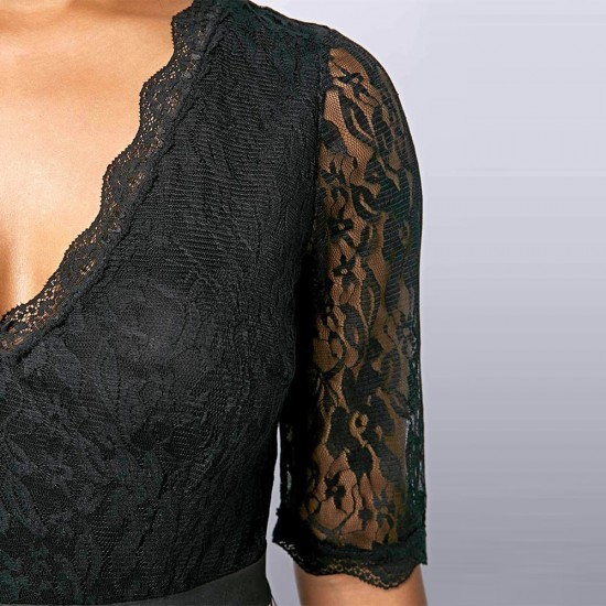 Asymmetric Polka Printed Short Sleeves V-Neck Maxi Dress - Black |image