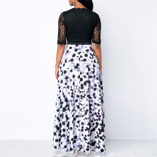 Asymmetric Polka Printed Short Sleeves V-Neck Maxi Dress - Black |image