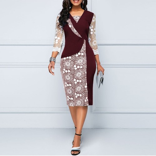 Classic Three Quarter Sleeves V-neck Straight Cut Midi Dress- Red |image