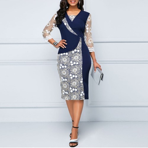 Classic Three Quarter Sleeves V-Neck Straight Cut Midi Dress - Blue |image