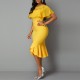 Round Neck Body-con Knee Length Fish Tail Dress -Yellow |image
