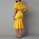 Round Neck Body-con Knee Length Fish Tail Dress -Yellow |image