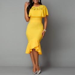 Round Neck Body-con Knee Length Fish Tail Dress -Yellow