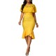 Round Neck Body-con Knee Length Fish Tail Dress -Yellow |image